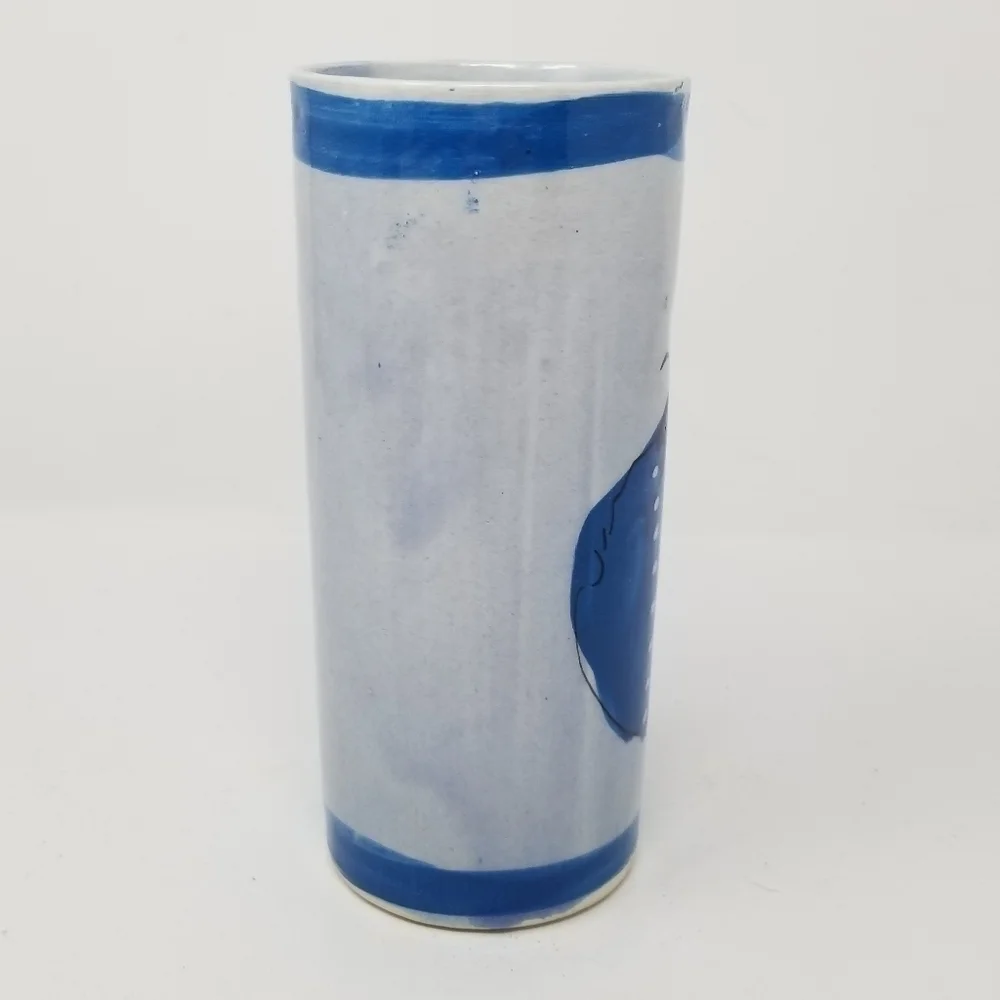Ken Edwards Tonala Mexican Folk Art Pottery Vase Glazed Tumbler Bird Blue Floral